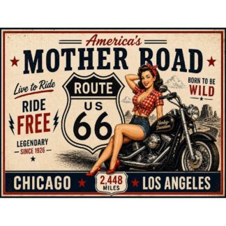 Plaque Métal Route 66 Pin-Up Moto – Déco Garage Biker Vintage USA