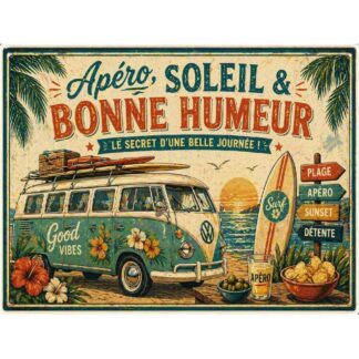 Plaque métal surf van « Apéro, Soleil & Bonne Humeur »