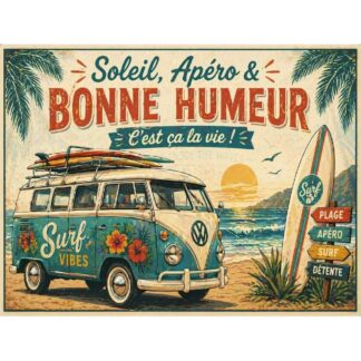 Plaque métal surf van « Soleil, Apéro & Bonne Humeur »