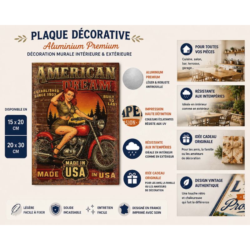 Plaque métal vintage American Dream – Pin-up sur moto rouge – Style rétro USA – Déco garage, bar, moto, loft, atelier – Image 2