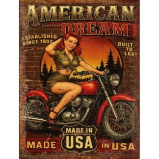 Plaque métal vintage American Dream – Pin-up sur moto rouge – Style rétro USA – Déco garage, bar, moto, loft, atelier