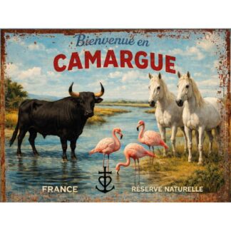Plaque Métal Vintage – Bienvenue en Camargue – Décoration Murale Sud de France –