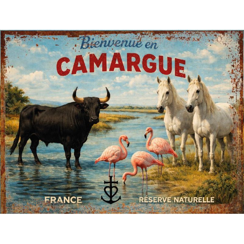 Plaque Métal Vintage – Bienvenue en Camargue – Décoration Murale Sud de France –