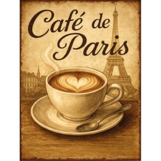 Plaque Métal Vintage Café de Paris – Décoration Murale Cuisine ou Salon – Style Rétro Parisien avec Tour Eiffel