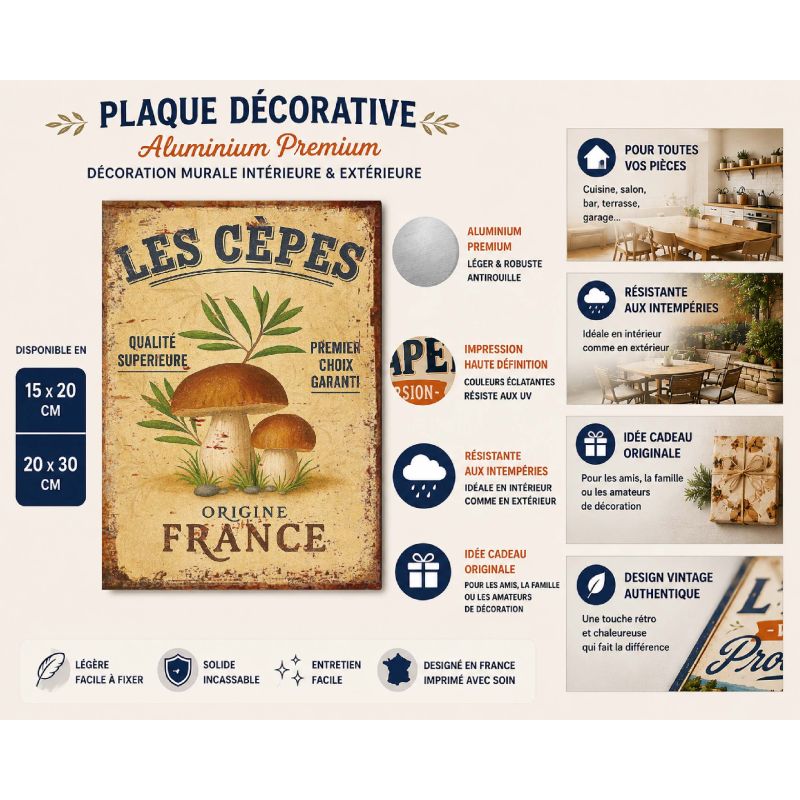 Plaque Métal Vintage Cèpes – Déco Murale Cuisine ou Cave – Champignons de France – – Image 2