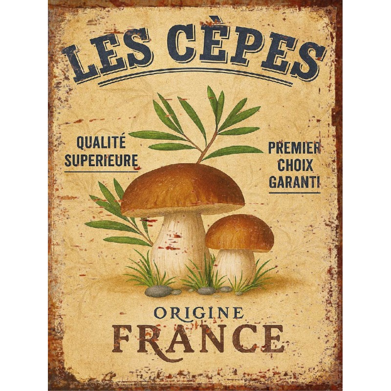 Plaque Métal Vintage Cèpes – Déco Murale Cuisine ou Cave – Champignons de France –