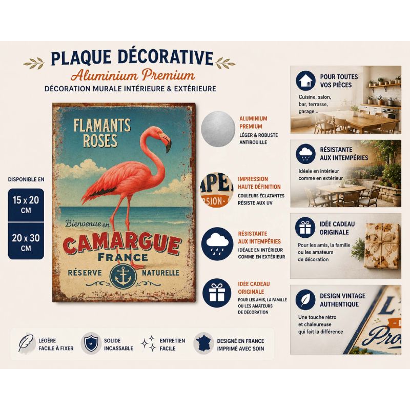 Plaque Métal Vintage Flamants Roses – Bienvenue en Camargue – Décoration Murale Bord de Mer – – Image 2