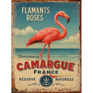Plaque Métal Vintage Flamants Roses – Bienvenue en Camargue – Décoration Murale Bord de Mer –