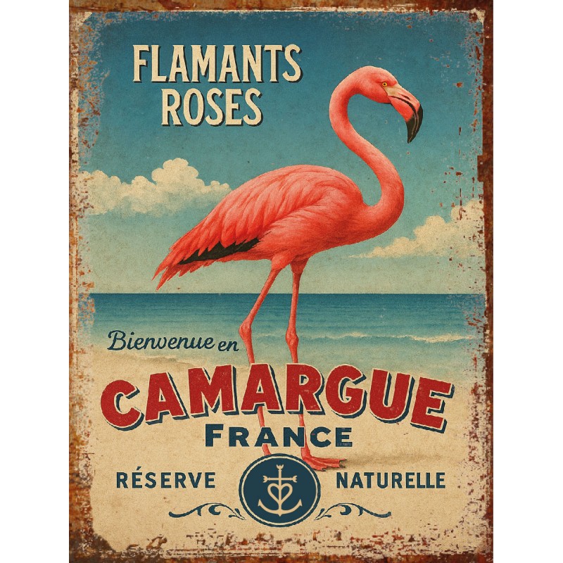 Plaque Métal Vintage Flamants Roses – Bienvenue en Camargue – Décoration Murale Bord de Mer –