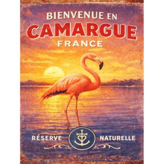 Plaque Métal Vintage Flamants Roses Couché de soleil – Bienvenue en Camargue