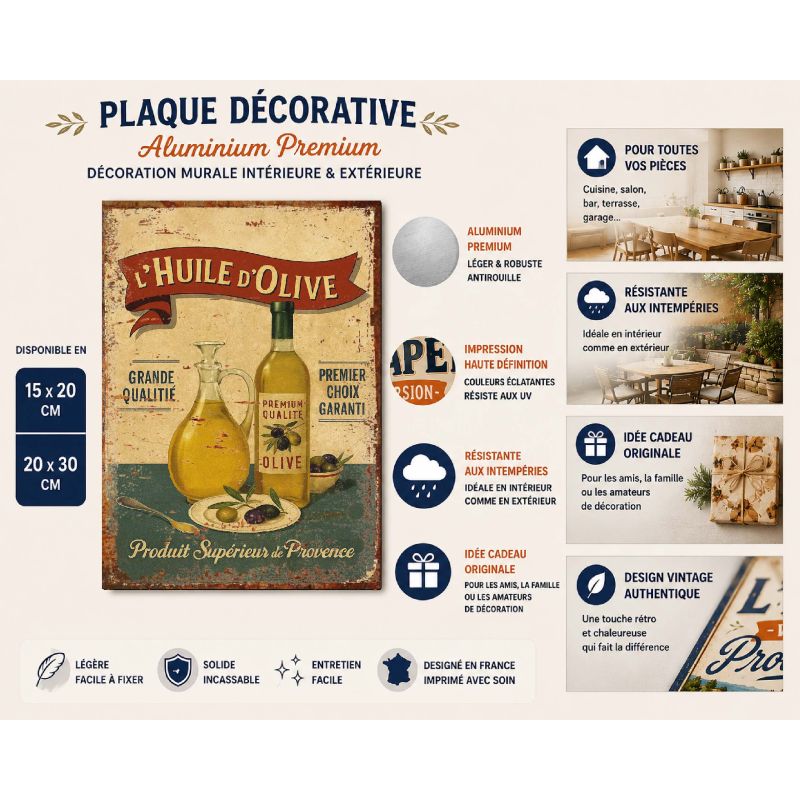 Plaque Métal Vintage Huile d’Olive – Déco Murale Cuisine Méditerranéenne – – Image 2