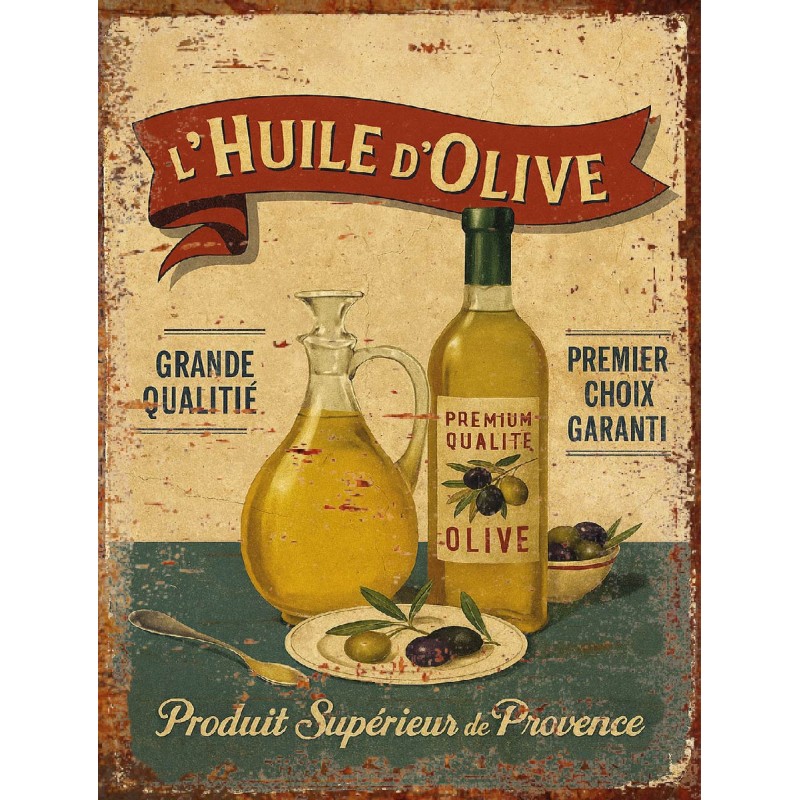 Plaque Métal Vintage Huile d’Olive – Déco Murale Cuisine Méditerranéenne –