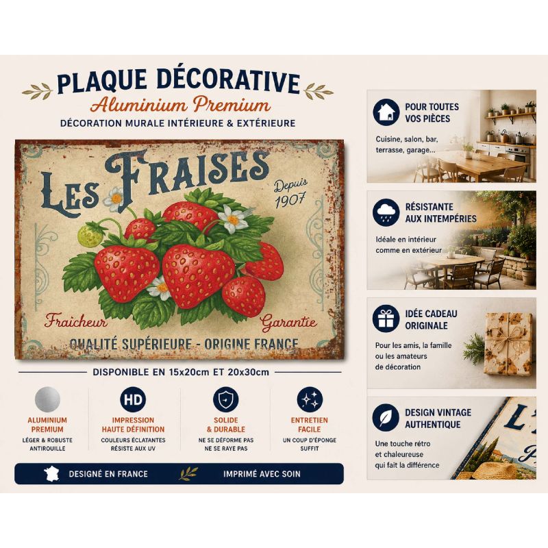 Plaque Métal Vintage Les Fraises – Décoration Murale Cuisine – Style Rétro Fruits – Origine France – – Image 2