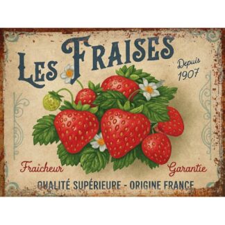 Plaque Métal Vintage Les Fraises – Décoration Murale Cuisine – Style Rétro Fruits – Origine France –