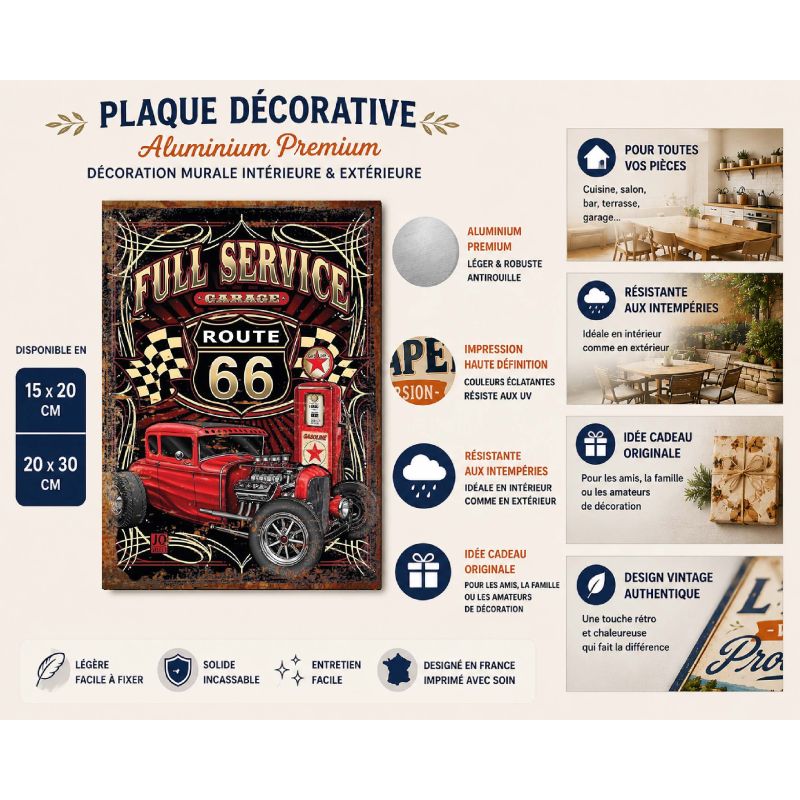 Plaque Métal Vintage Route 66 – Garage Full Service – Voiture Hot Rod – Image 2