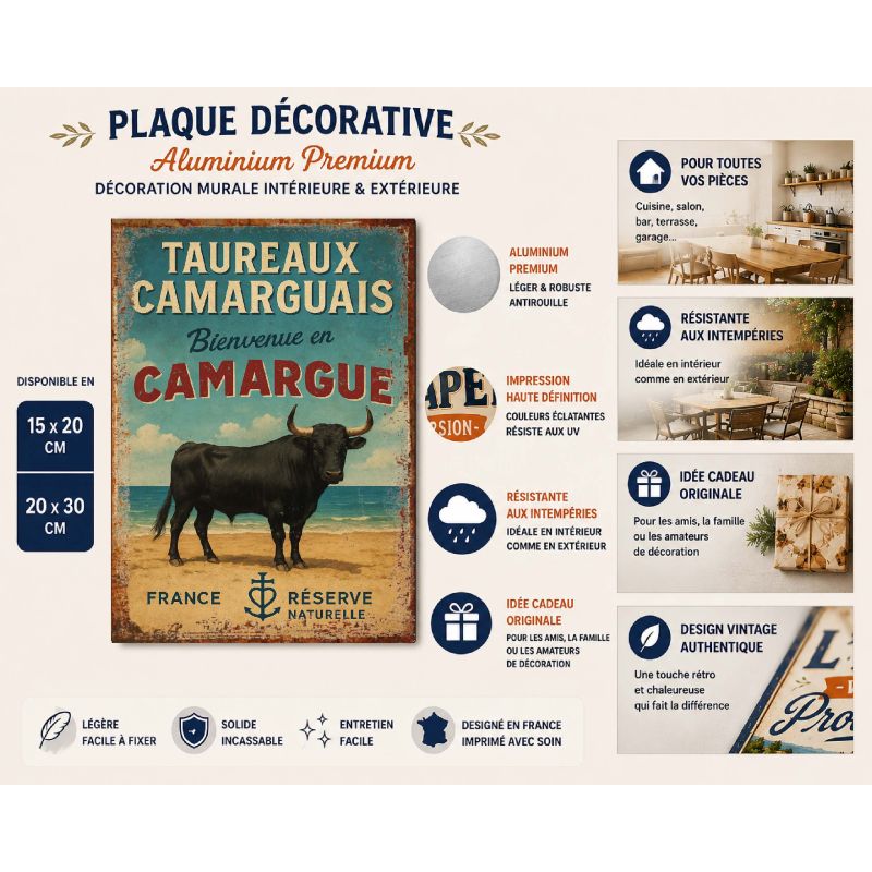 Plaque Métal Vintage Taureaux Camarguais – Bienvenue en Camargue – Décoration Murale Sud de France – – Image 2