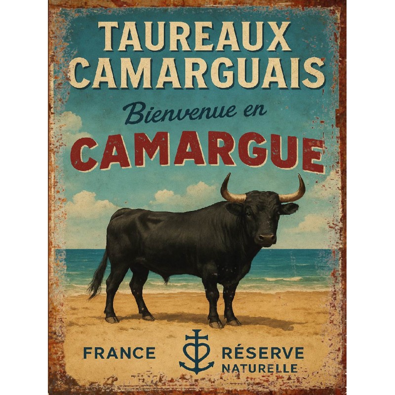 Plaque Métal Vintage Taureaux Camarguais – Bienvenue en Camargue – Décoration Murale Sud de France –