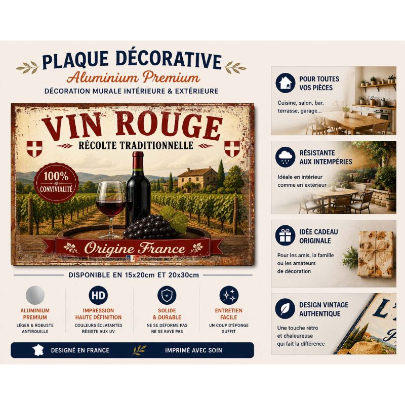 Plaque Métal Vintage Vin Rouge Origine France – Décoration Cuisine Bar Cave – Style Rétro – Image 2