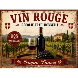 Plaque Métal Vintage Vin Rouge Origine France – Décoration Cuisine Bar Cave – Style Rétro