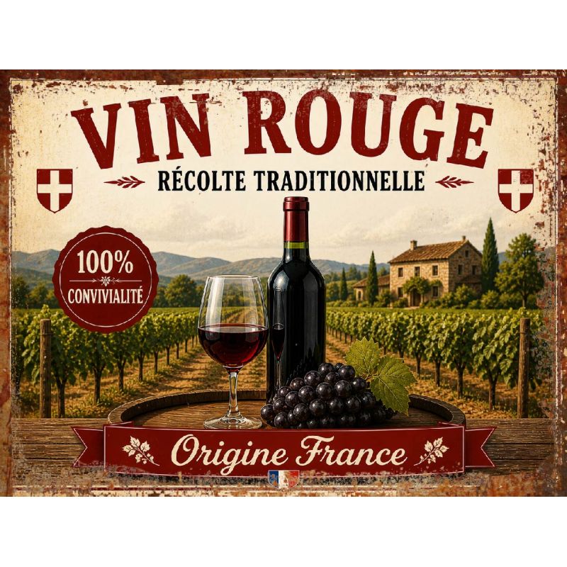 Plaque Métal Vintage Vin Rouge Origine France – Décoration Cuisine Bar Cave – Style Rétro