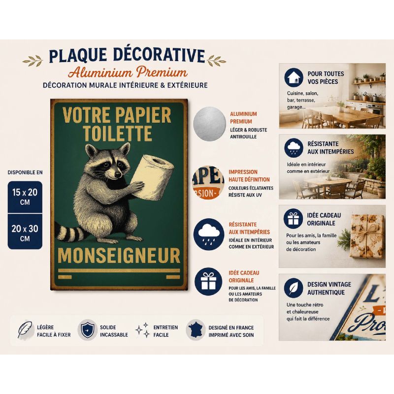 Plaque Métal Vintage Votre Papier Toilette Monseigneur – Décoration Murale WC – Humour Raton Laveur – Image 2