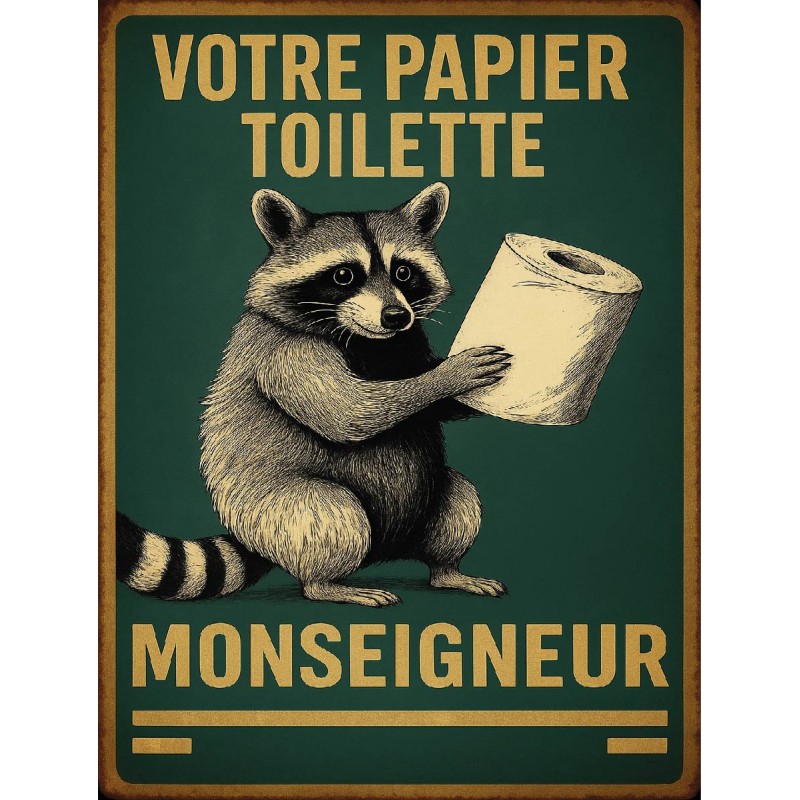 Plaque Métal Vintage Votre Papier Toilette Monseigneur – Décoration Murale WC – Humour Raton Laveur