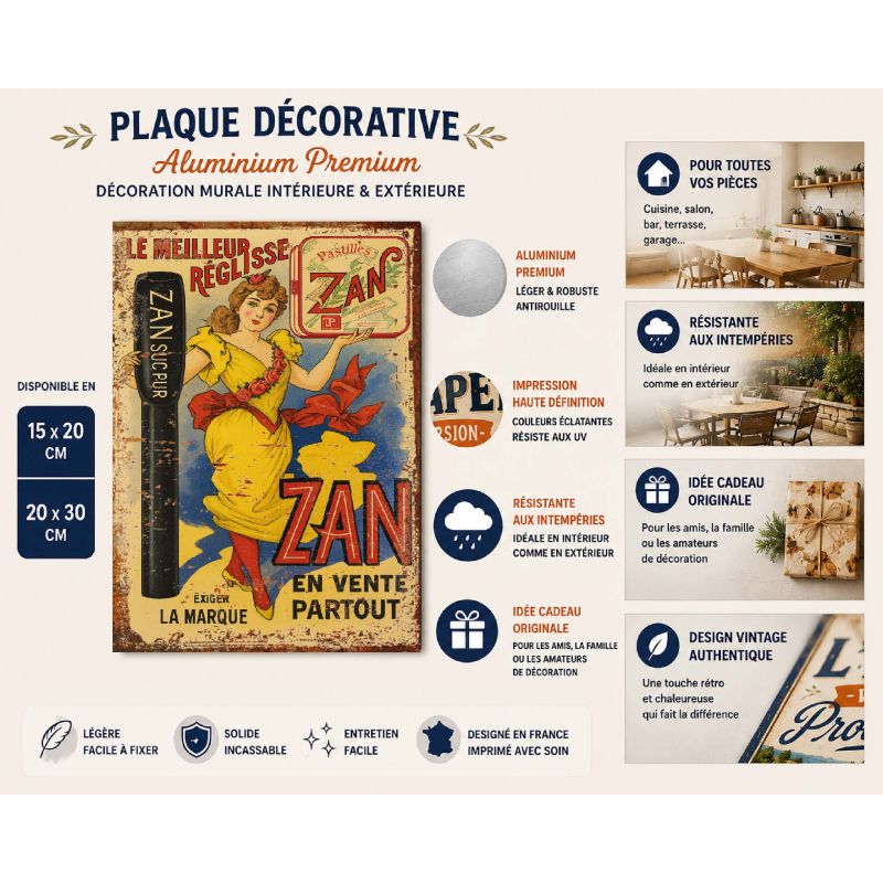 Plaque Métal Vintage ZAN – Affiche Publicitaire Réglisse – Déco Murale Rétro Cuisine, Bar ou Salon – Style Belle Époque – Image 2