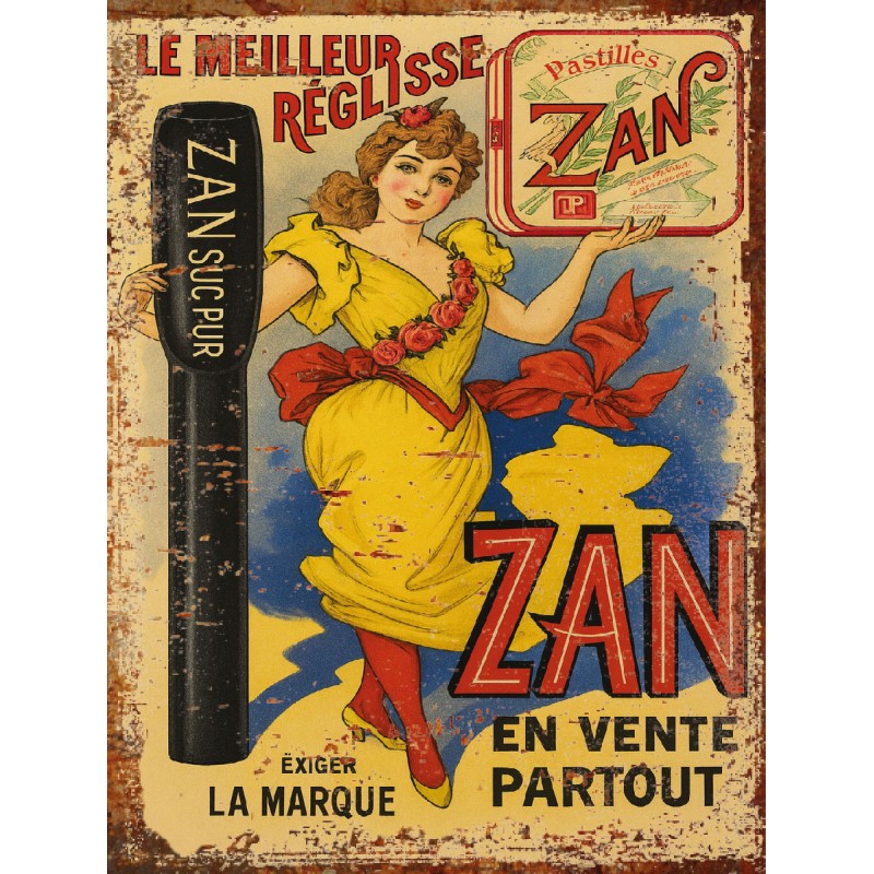 Plaque Métal Vintage ZAN – Affiche Publicitaire Réglisse – Déco Murale Rétro Cuisine, Bar ou Salon – Style Belle Époque