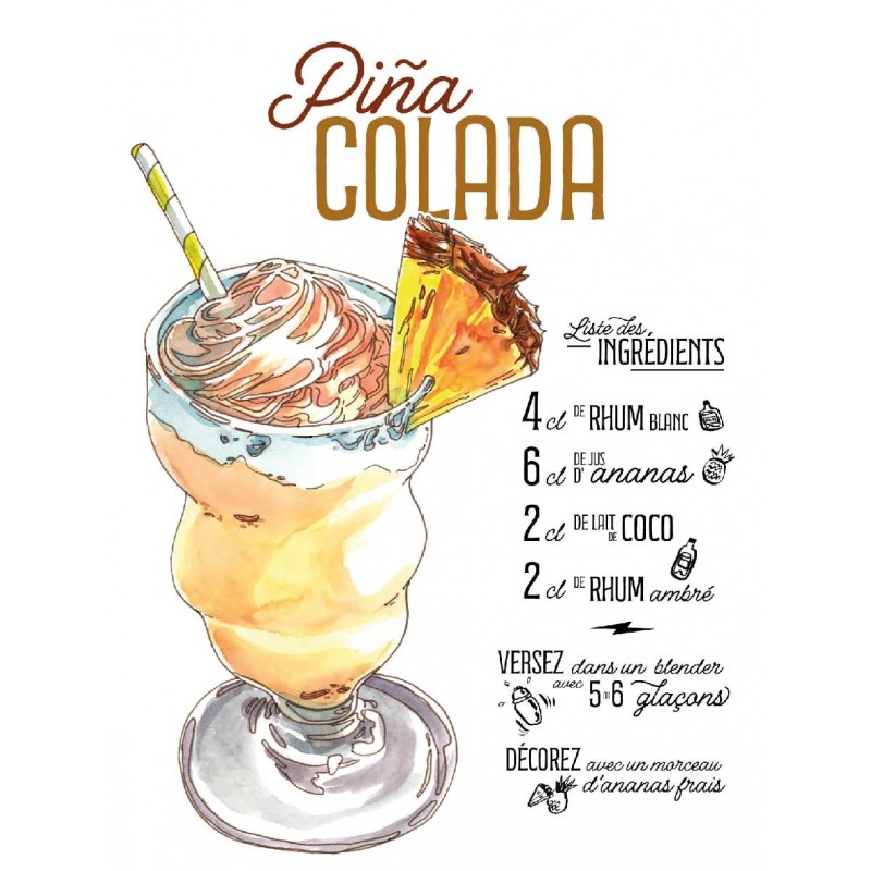 Plaque Recette Cocktail Pina Colada en aluminium - Plaque décorative