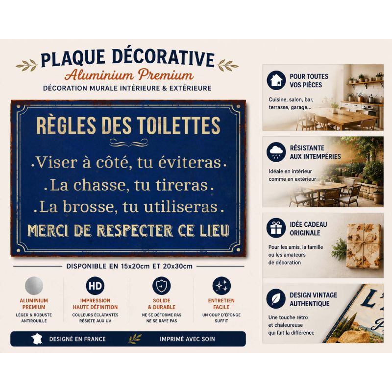 Plaque Règle des toilettes en aluminium humour rigolo fun – Image 2