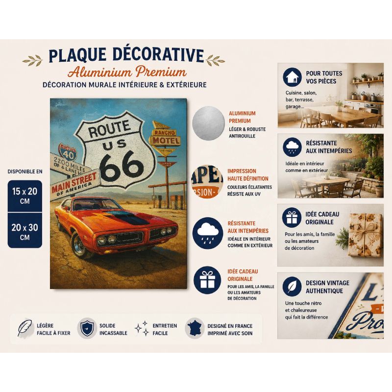 Plaque Route 66 Voiture rétro en aluminium Déco Rétro Vintage – Image 2